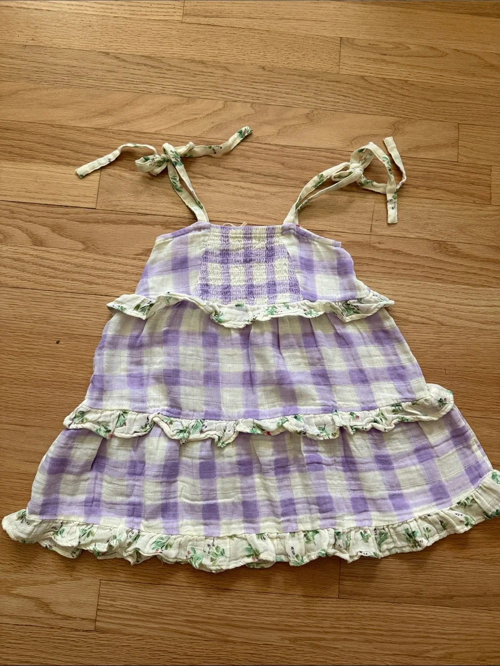 tullabee Lavender Check Sundress with Floral Ties - organic cotton muslin